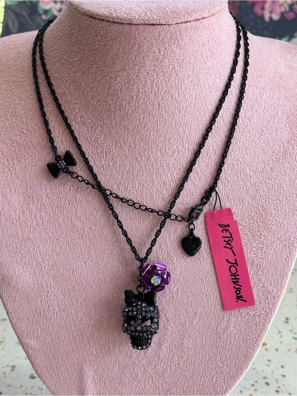 Betsey Johnson Black Long Skull Necklace with Purple Flower Charm